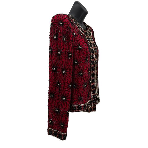 Papell Boutique Evening Jacket WMNS 8P Red Silk Floral Sequin Trophy Brocade Vtg - Picture 3 of 12